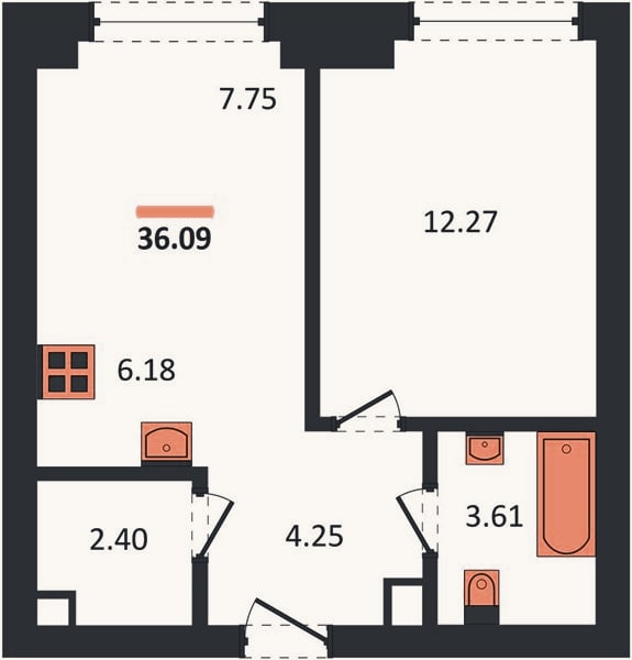 Планировка: 1-к, 36,1 м²