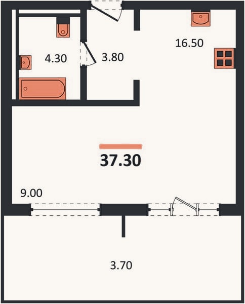 Планировка: 1-к, 37,3 м²