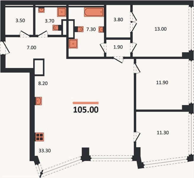 Планировка: 3-к, 105 м²