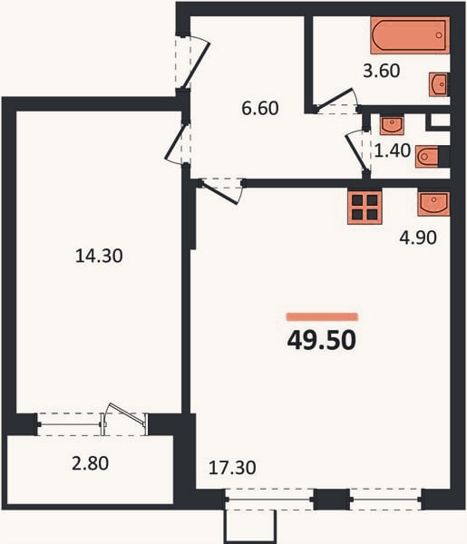 Планировка: 1-к, 49,5 м²