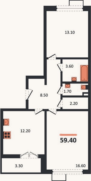 Планировка: 2-к, 59,4 м²