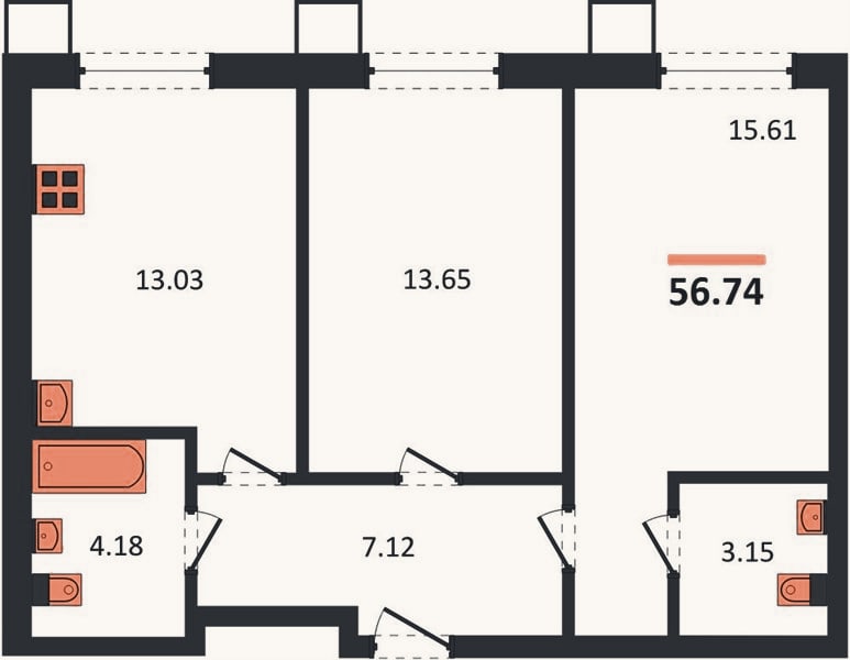 Планировка: 2-к, 56,7 м²