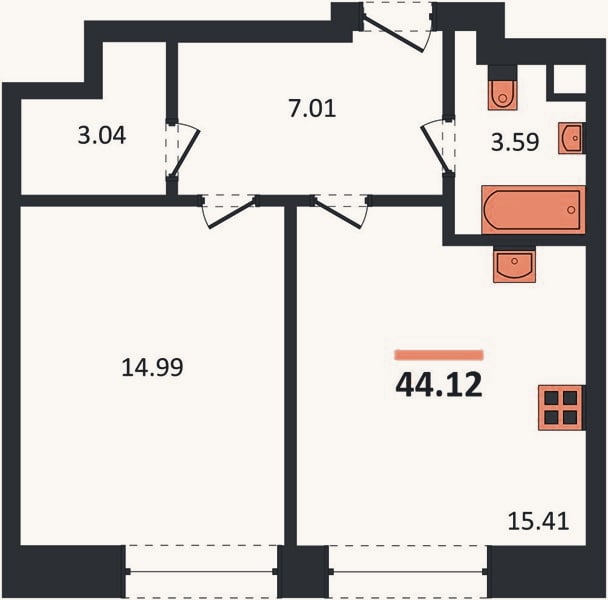 Планировка: 1-к, 44,1 м²