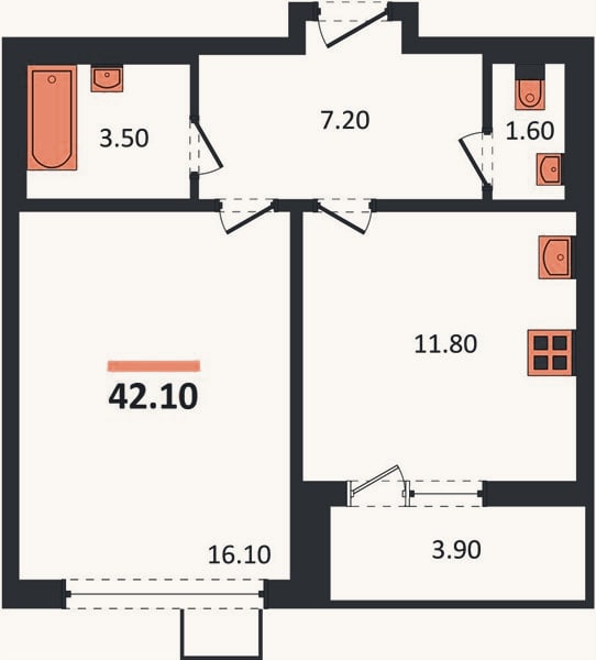 Планировка: 1-к, 42,1 м²