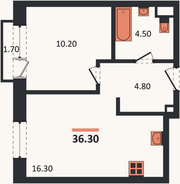 Планировка: 1-к, 36,3 м²
