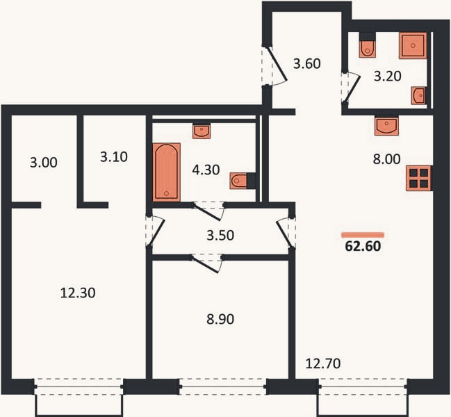 Планировка: 2-к, 62,6 м²