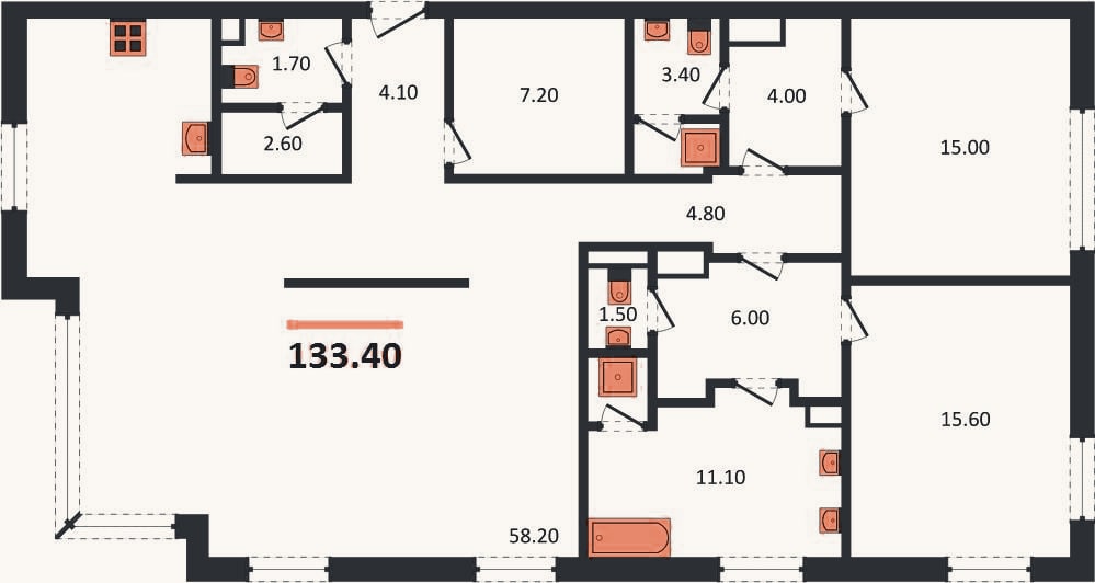Планировка: 2-к, 133,4 м²