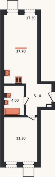 Планировка: 1-к, 37,7 м²