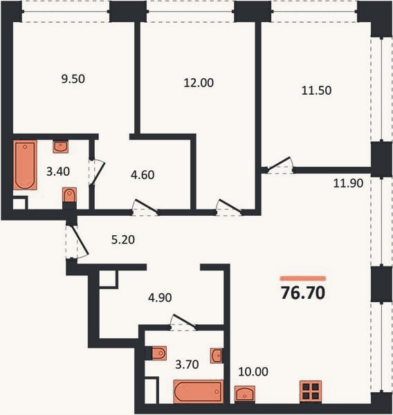 Планировка: 3-к, 76,7 м²