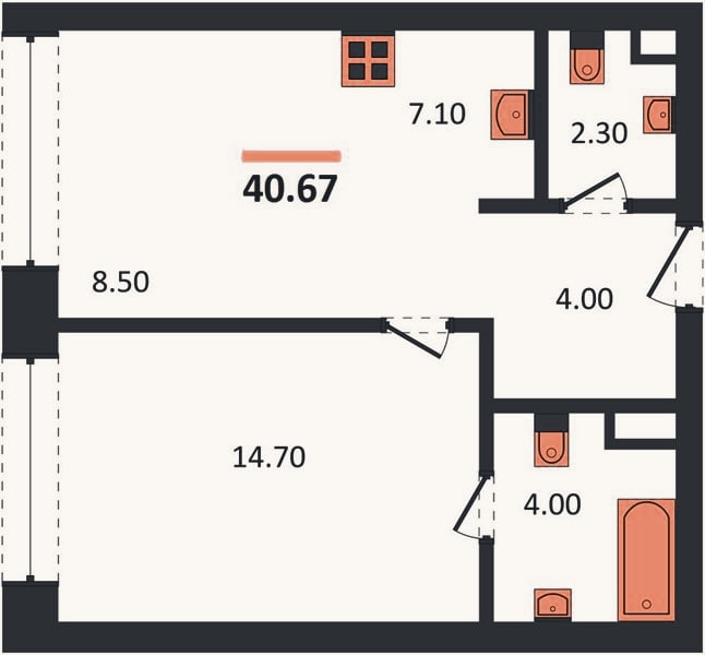 Планировка: 1-к, 40,7 м²