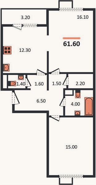 Планировка: 2-к, 61,6 м²