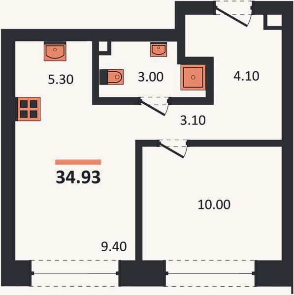 Планировка: 1-к, 34,9 м²