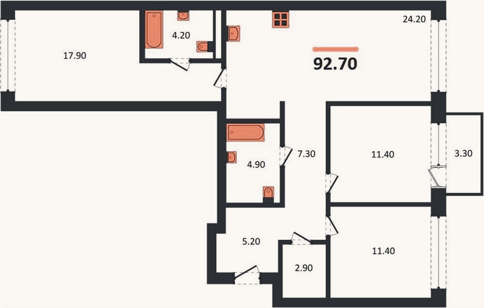 Планировка: 3-к, 92,7 м²