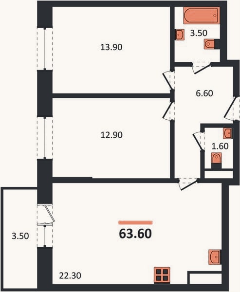 Планировка: 2-к, 63,6 м²