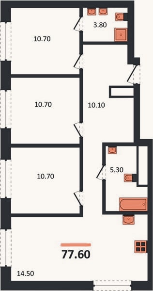 Планировка: 3-к, 77,6 м²