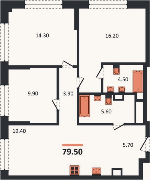 Планировка: 3-к, 79,5 м²