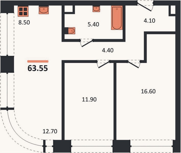 Планировка: 2-к, 63,6 м²