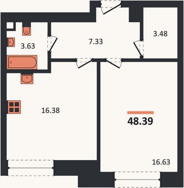 Планировка: 1-к, 48,4 м²
