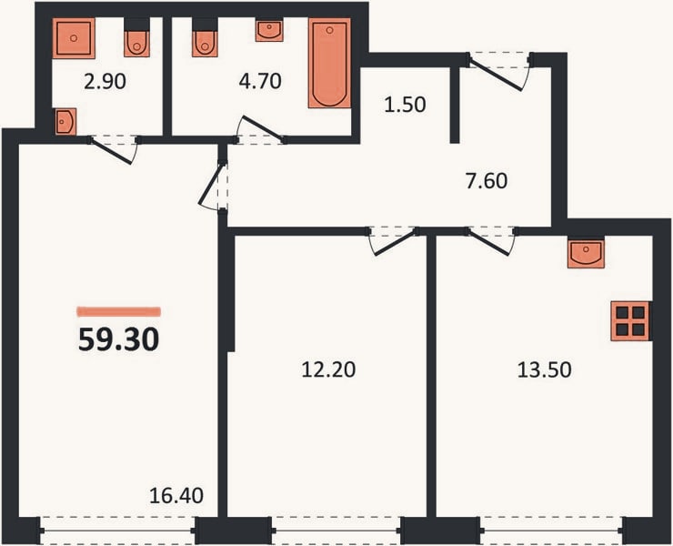 Планировка: 2-к, 59,3 м²