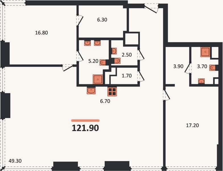Планировка: 2-к, 121,9 м²