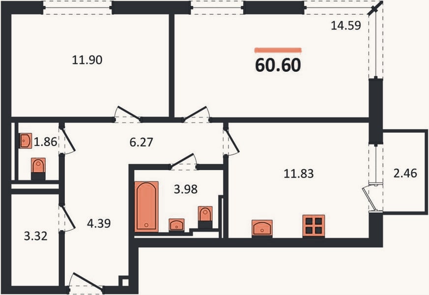 Планировка: 2-к, 60,6 м²