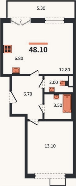 Планировка: 1-к, 48,1 м²