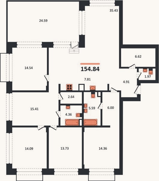 Планировка: 4+ к, 154,8 м²
