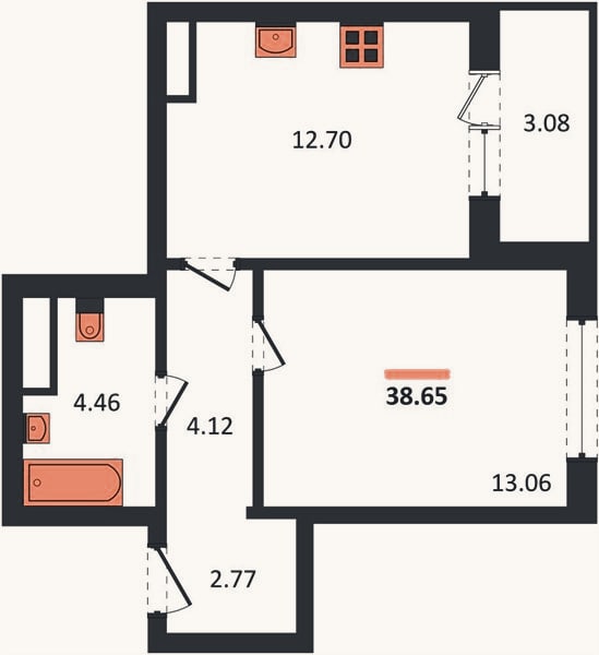 Планировка: 1-к, 38,7 м²