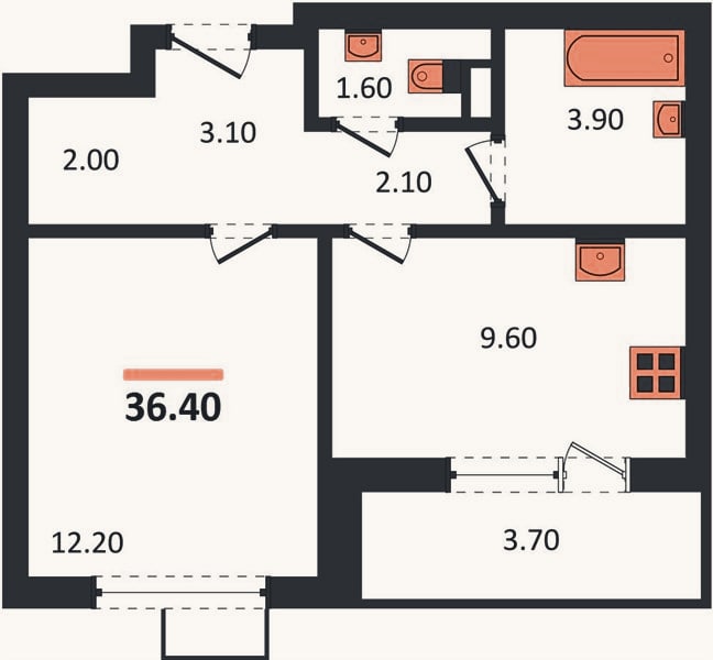 Планировка: 1-к, 36,4 м²