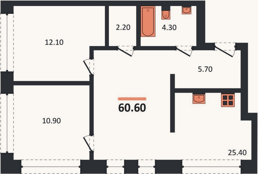 Планировка: 2-к, 60,6 м²