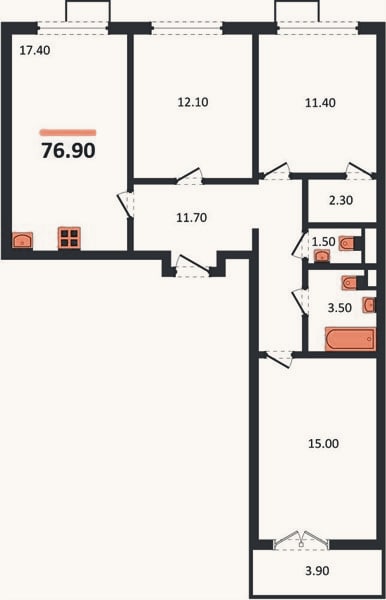 Планировка: 3-к, 76,9 м²