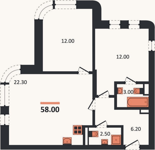 Планировка: 2-к, 58 м²