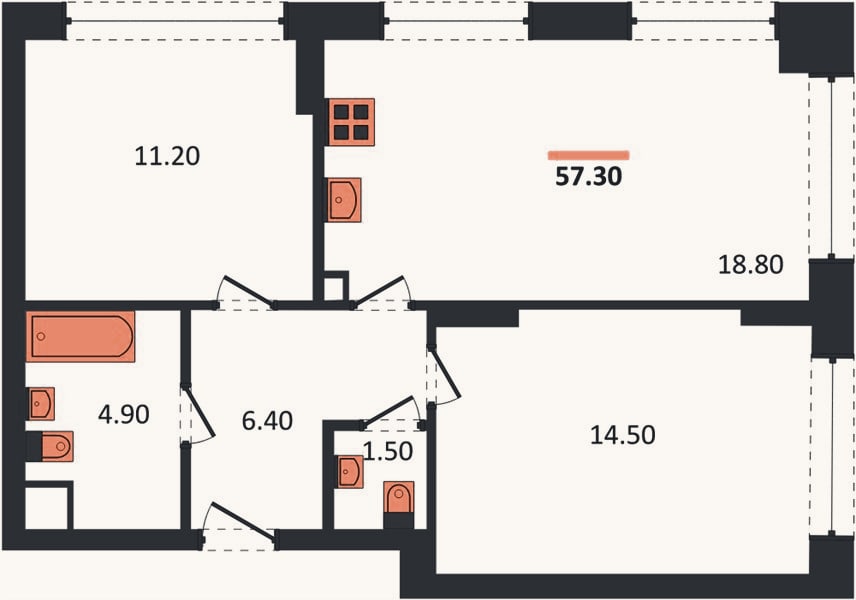 Планировка: 2-к, 57,3 м²