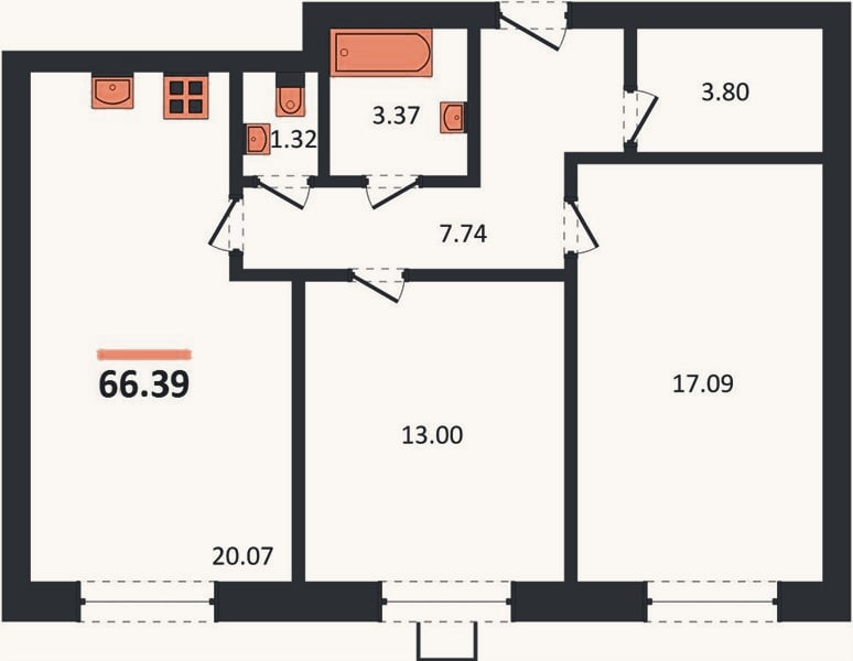 Планировка: 2-к, 66,4 м²