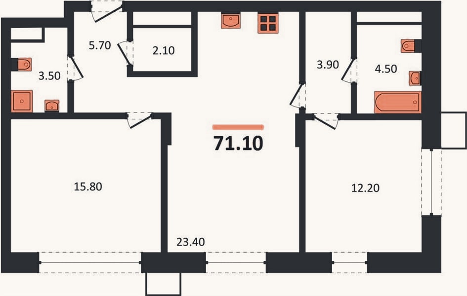 Планировка: 2-к, 71,1 м²