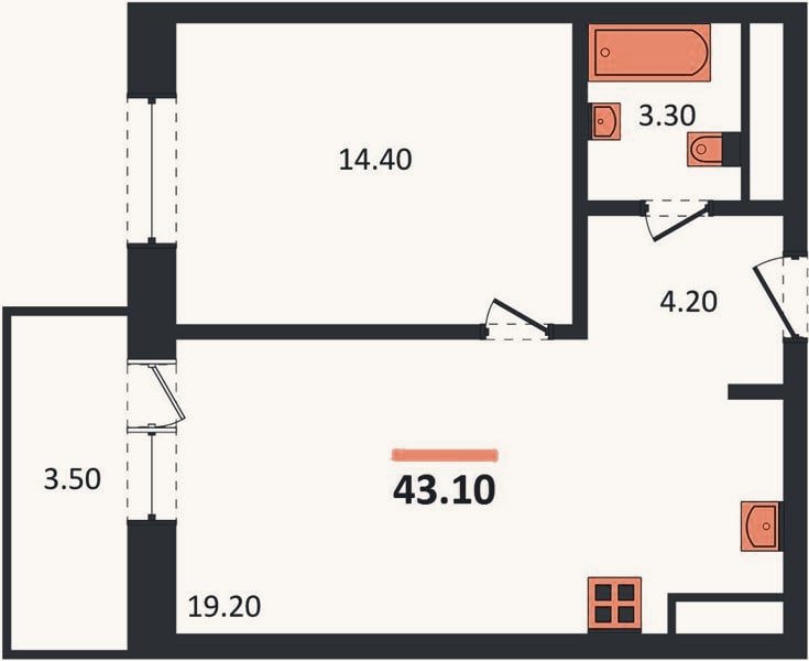 Планировка: 1-к, 43,1 м²