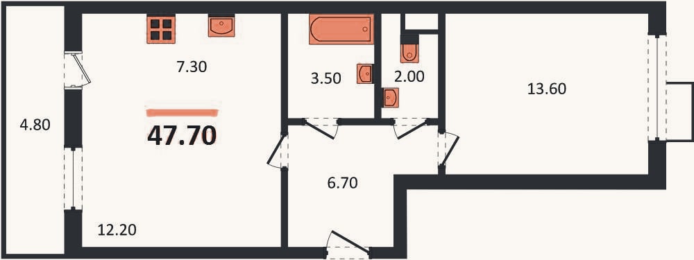 Планировка: 1-к, 47,7 м²
