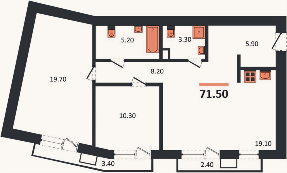 Планировка: 2-к, 71,5 м²
