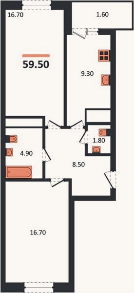 Планировка: 2-к, 59,5 м²