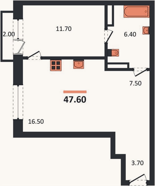 Планировка: 1-к, 47,6 м²