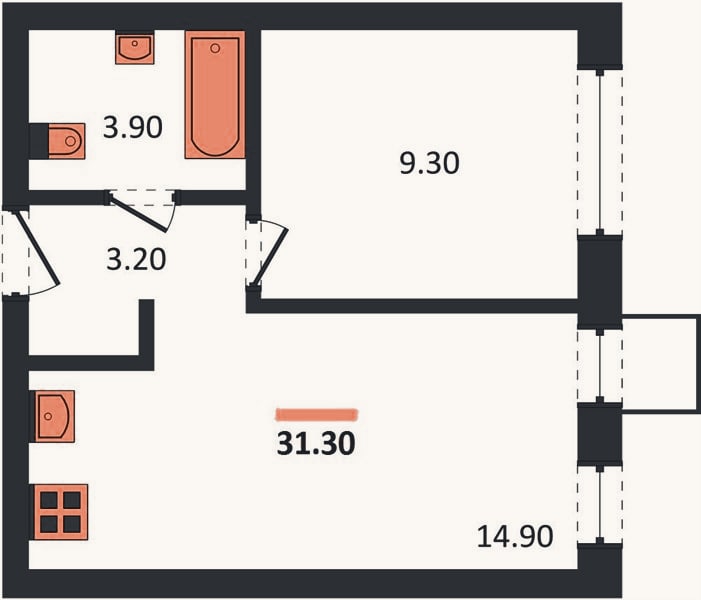 Планировка: 1-к, 31,3 м²