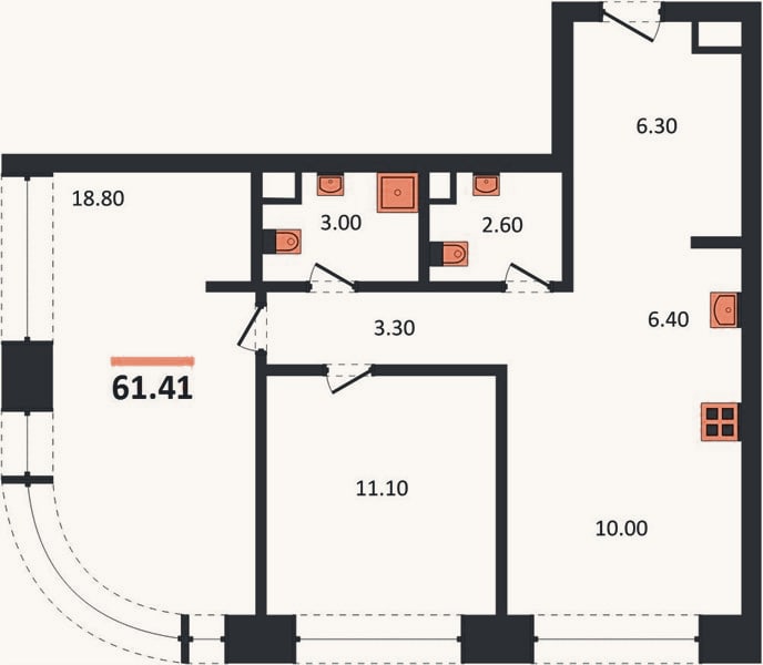 Планировка: 2-к, 61,4 м²