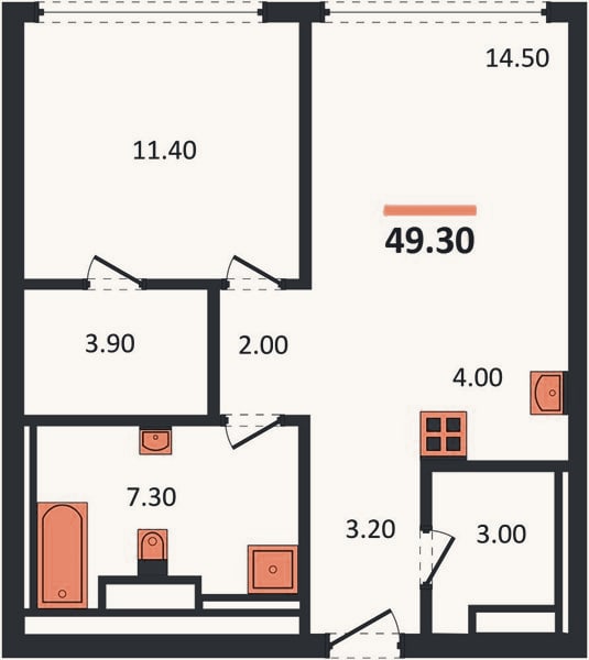 Планировка: 1-к, 49,3 м²