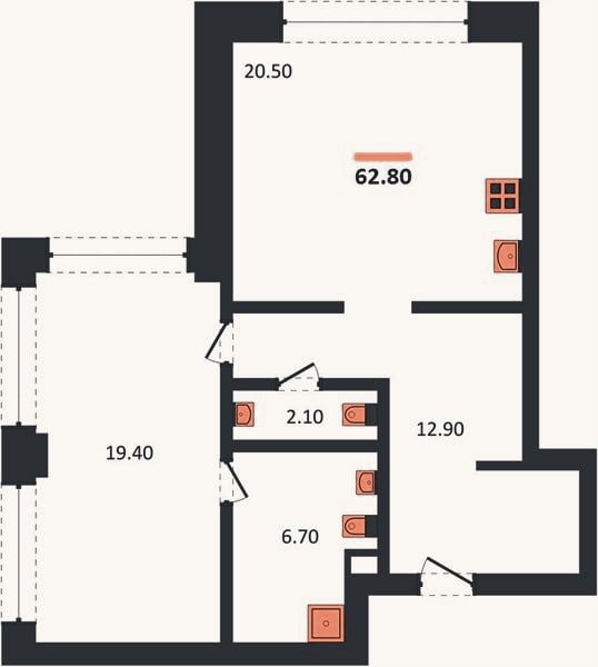 Планировка: 1-к, 62,8 м²