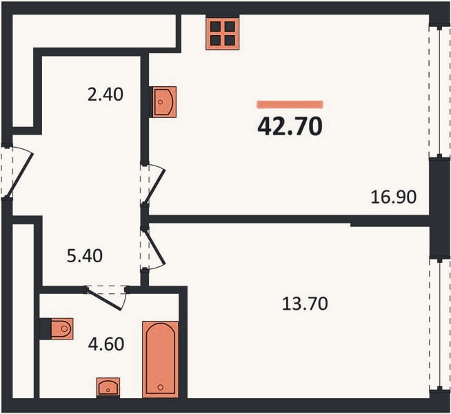 Планировка: 1-к, 43,5 м²