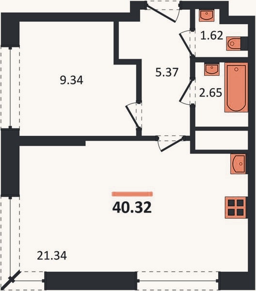 Планировка: 1-к, 40,3 м²