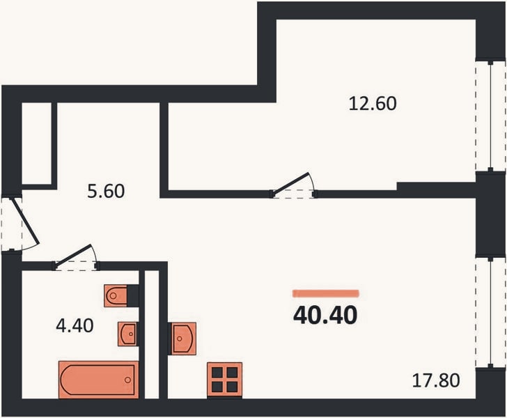 Планировка: 1-к, 40,4 м²