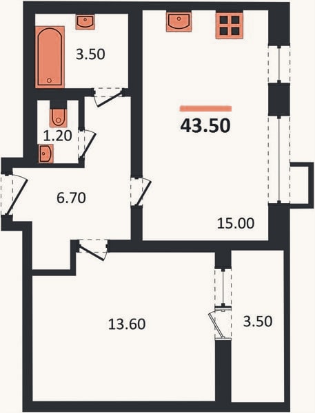 Планировка: 1-к, 43,5 м²