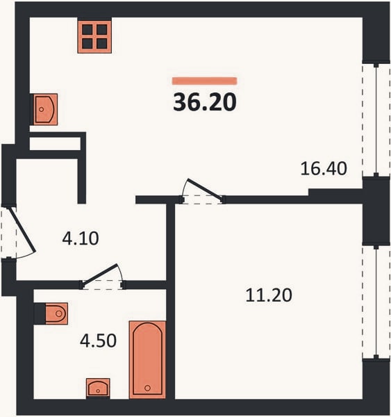 Планировка: 1-к, 36,2 м²