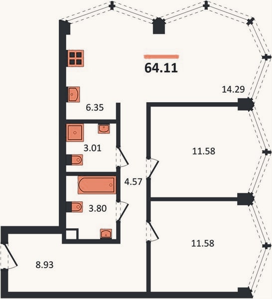 Планировка: 2-к, 64,1 м²